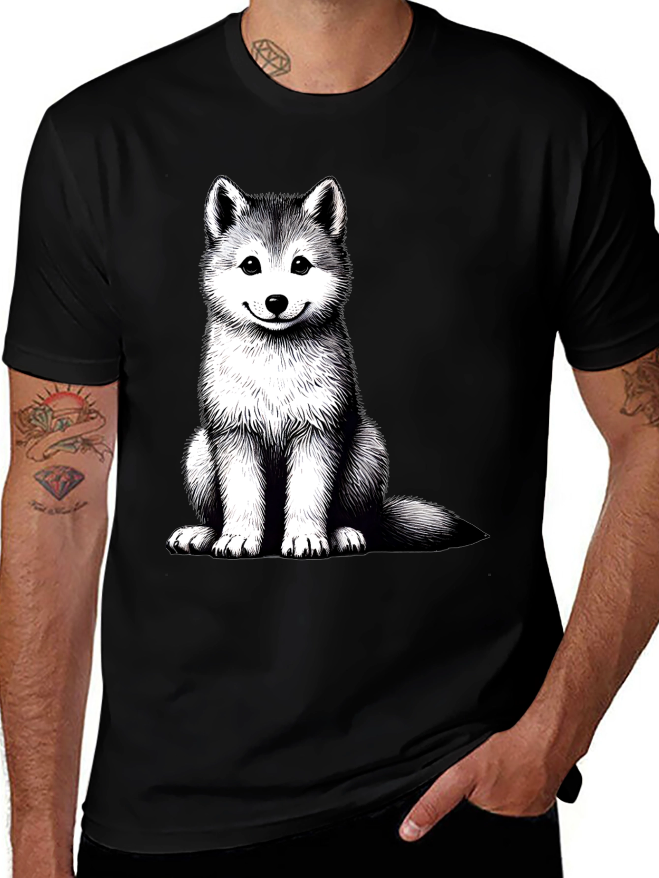 Husky Puppy Graphic Tee - Black