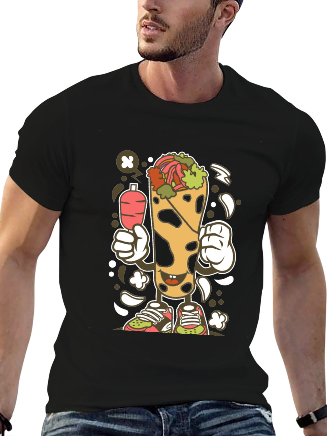 Funny Shawarma Cartoon Black T-Shirt