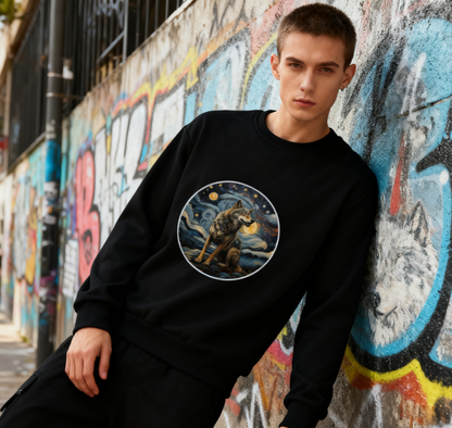 Starry Night Wolf Art Sweatshirt – Van Gogh-Inspired Wildlife Crewneck