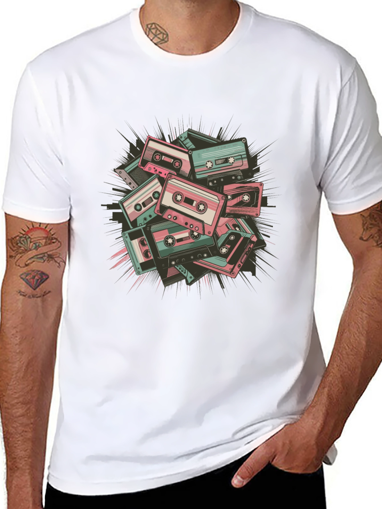 Retro Cassette Tape Graphic Tee - Black Cotton Blend