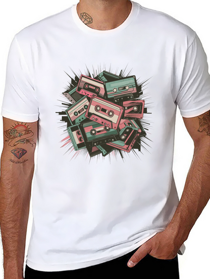 Retro Cassette Tape Graphic Tee - Black Cotton Blend