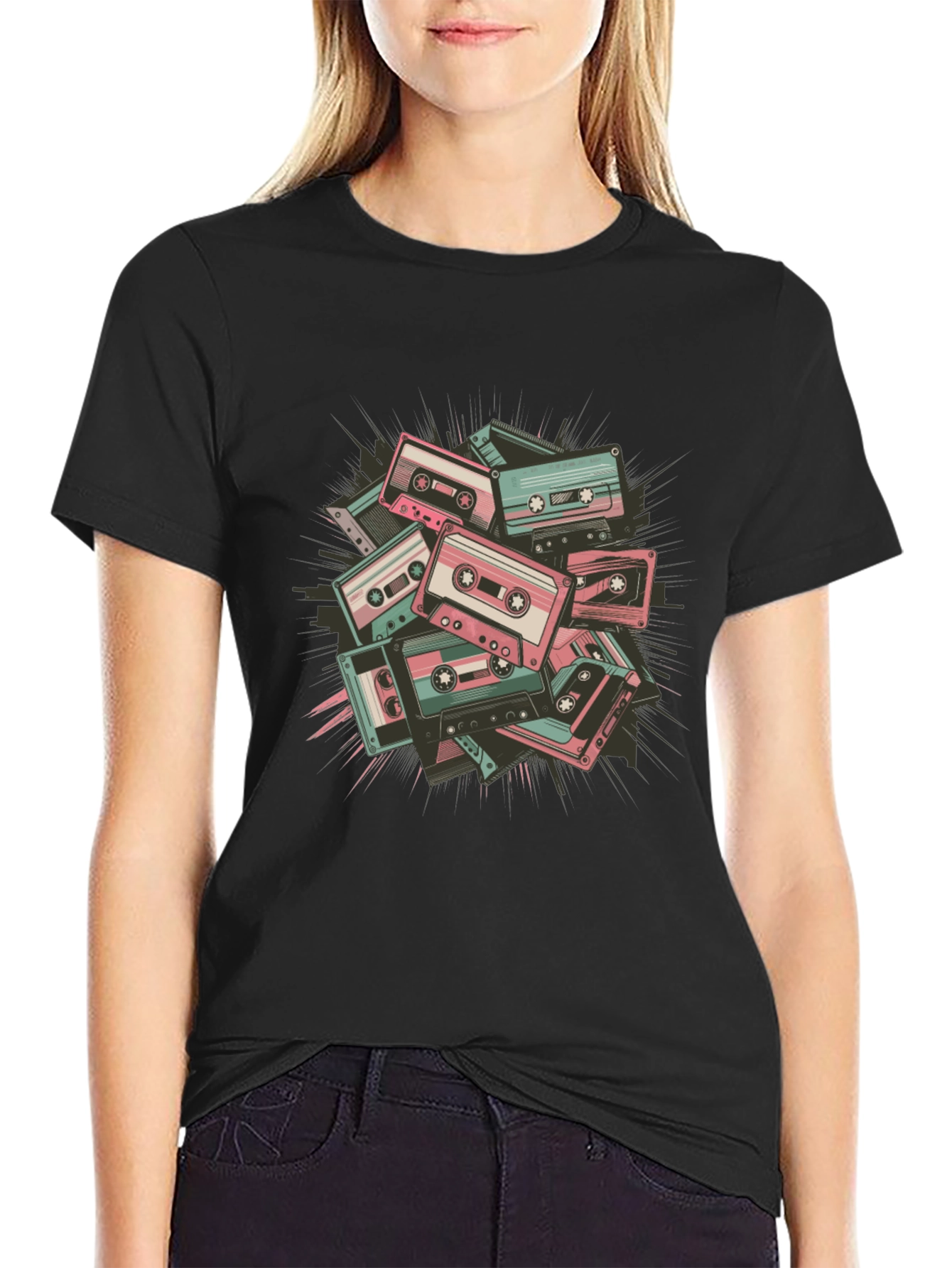 Retro Cassette Tape Graphic Tee - Black Cotton Blend