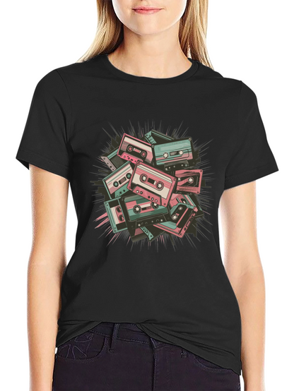 Retro Cassette Tape Graphic Tee - Black Cotton Blend