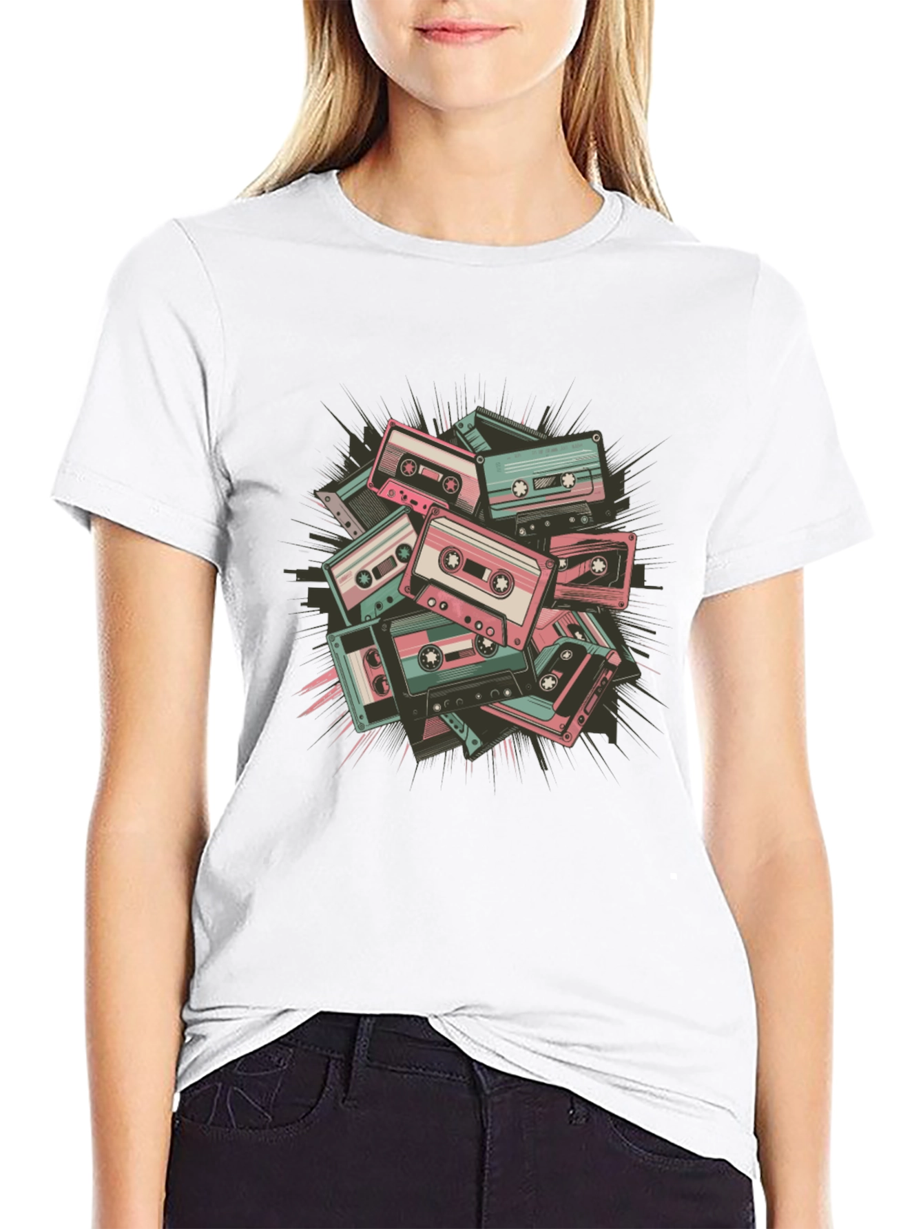 Retro Cassette Tape Graphic Tee - Black Cotton Blend