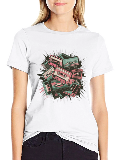 Retro Cassette Tape Graphic Tee - Black Cotton Blend
