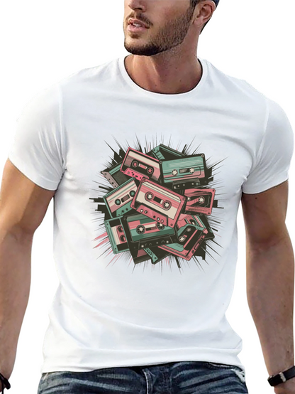 Retro Cassette Tape Graphic Tee - Black Cotton Blend