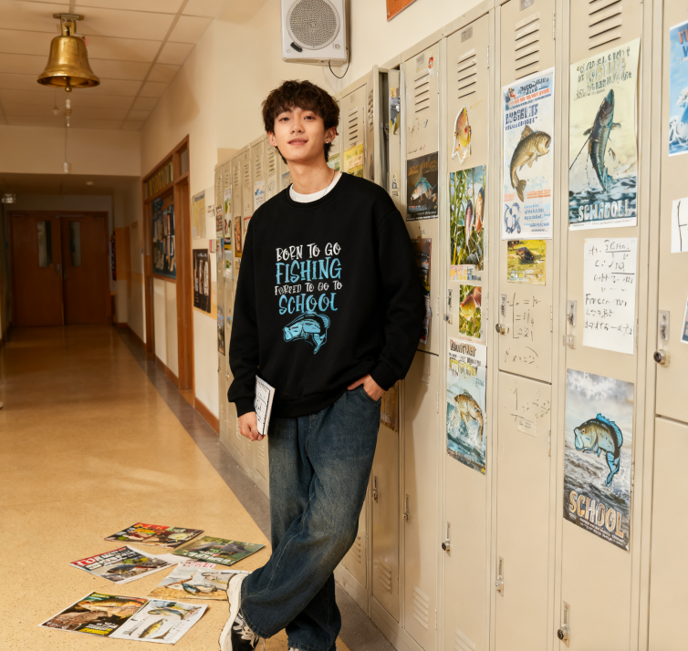 Playful "Born to Fish Forced to School" Youth Fishing Sweatshirt