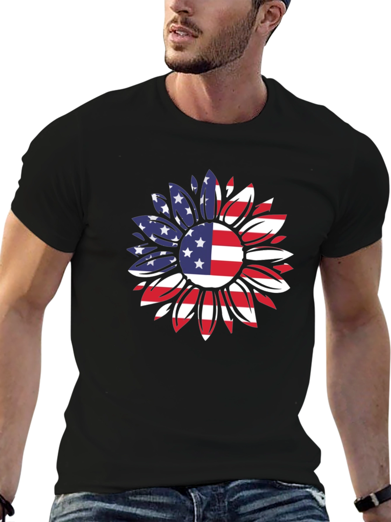USA Flag Sunflower Graphic T-Shirt