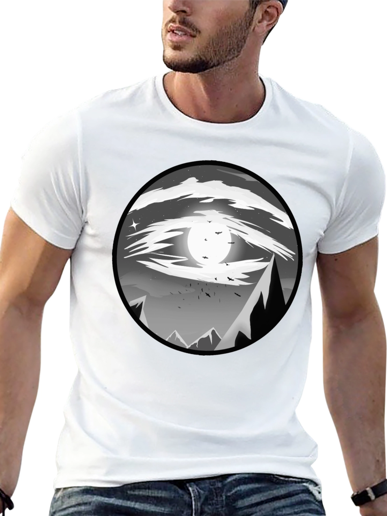 Eye-Catching Black T-Shirt with Mountain Moon Design