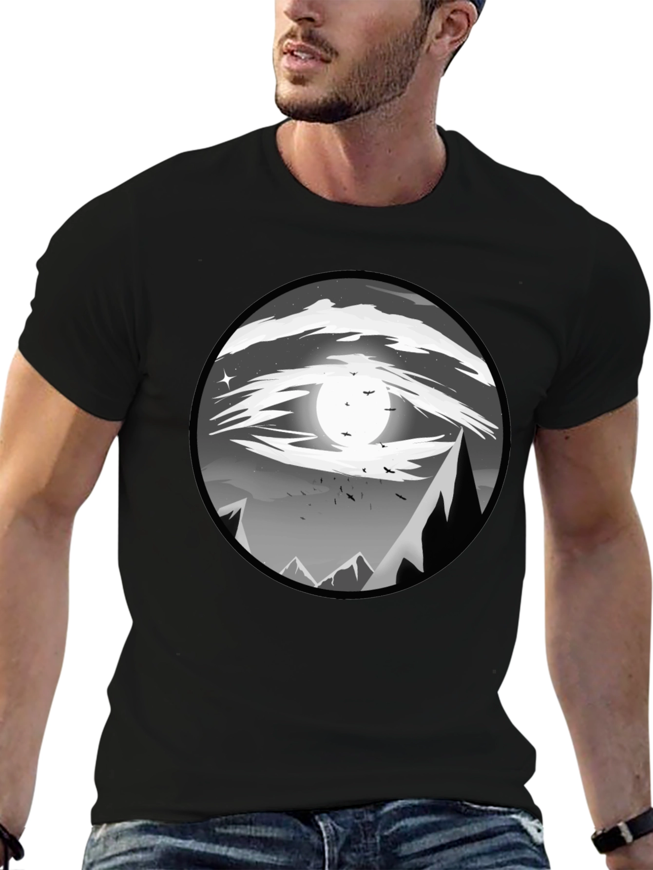 Eye-Catching Black T-Shirt with Mountain Moon Design