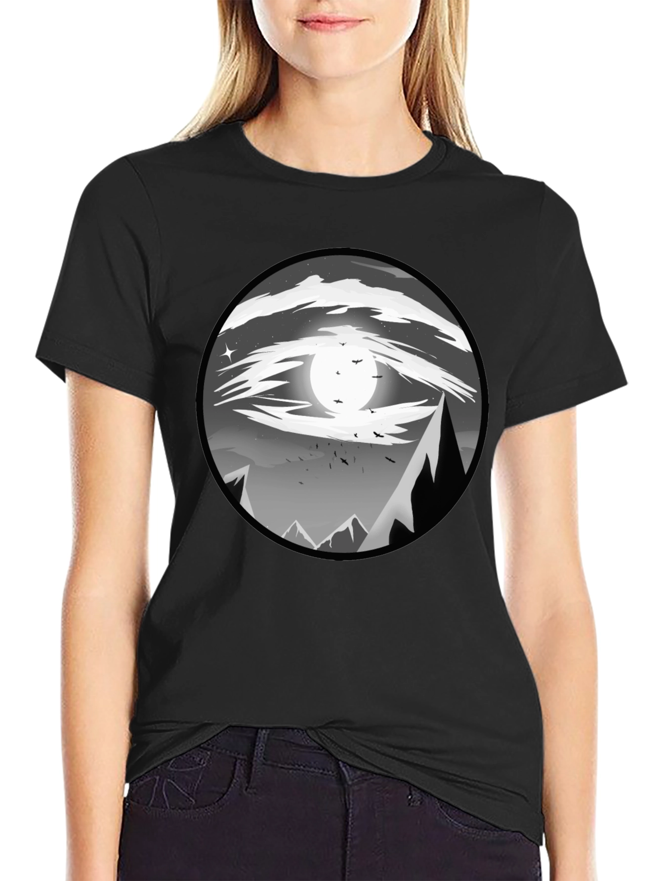 Eye-Catching Black T-Shirt with Mountain Moon Design