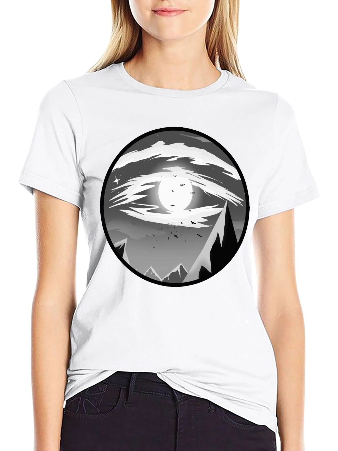 Eye-Catching Black T-Shirt with Mountain Moon Design