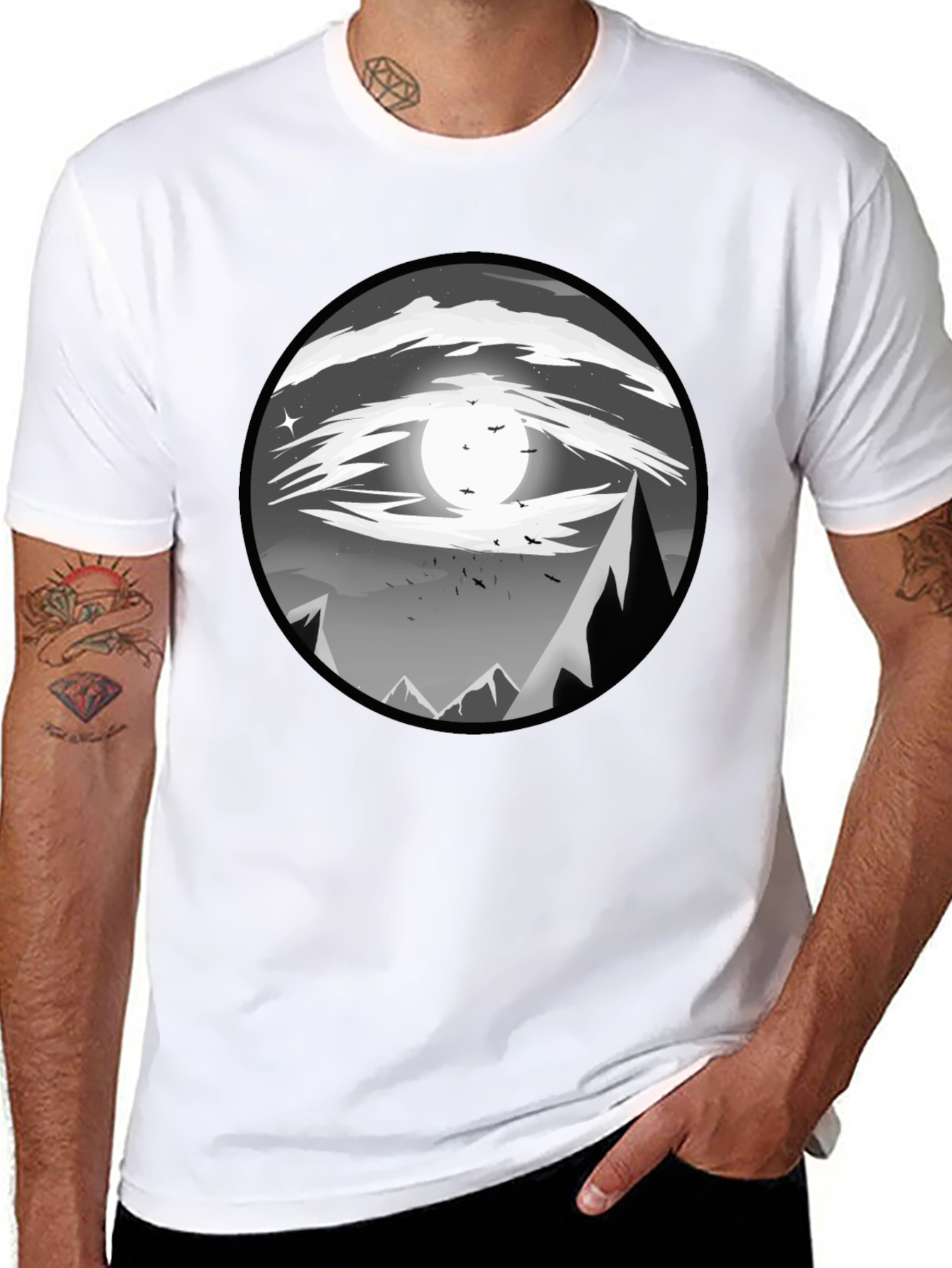 Eye-Catching Black T-Shirt with Mountain Moon Design
