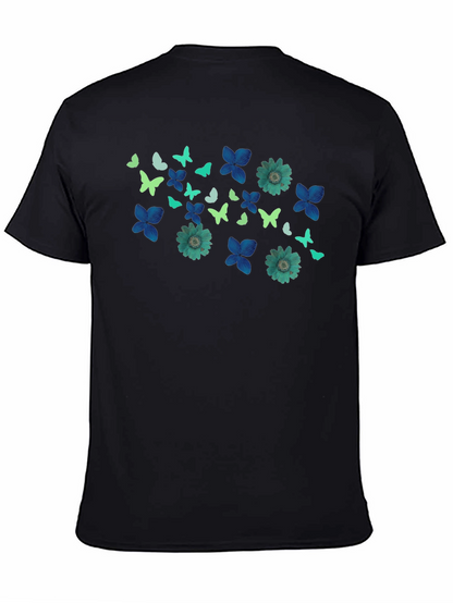 Butterfly & Floral Print Black T-Shirt