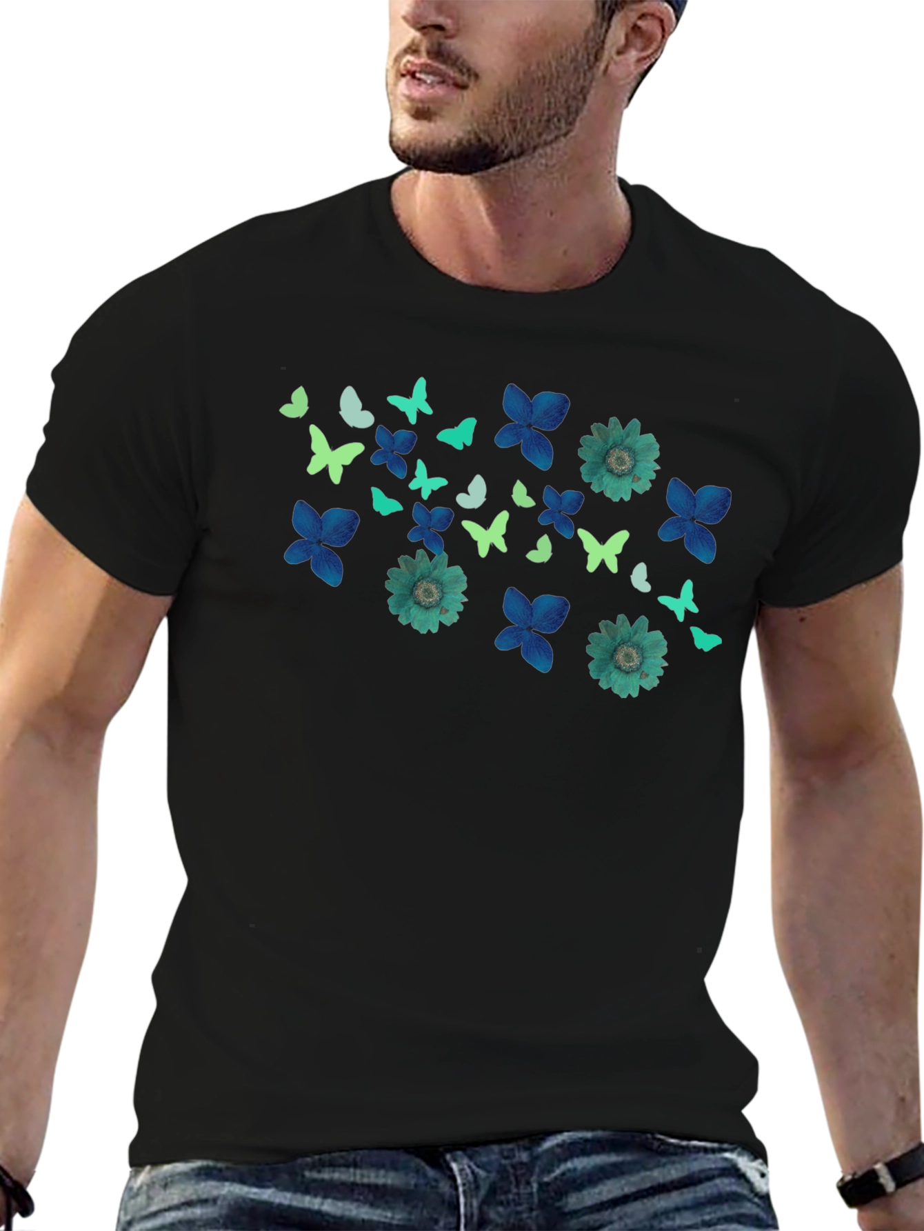 Butterfly & Floral Print Black T-Shirt