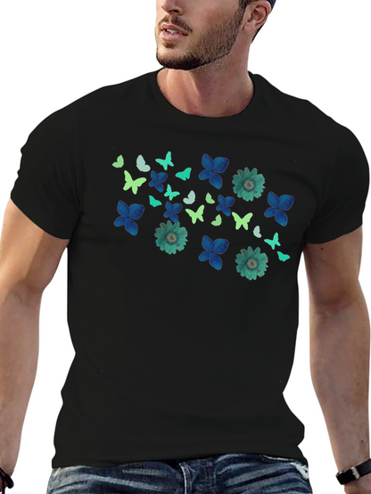 Butterfly & Floral Print Black T-Shirt