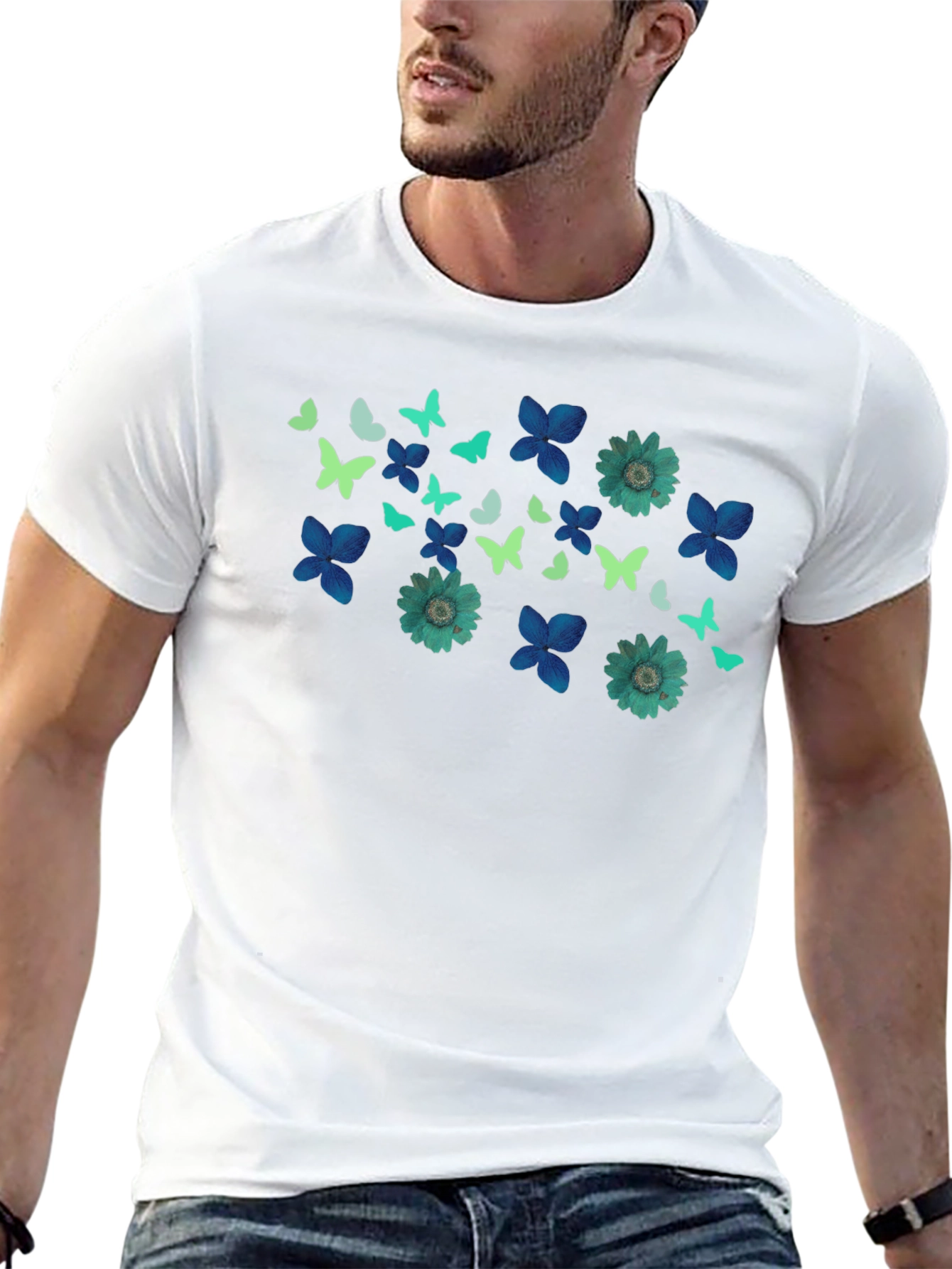 Butterfly & Floral Print Black T-Shirt