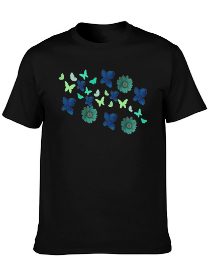 Butterfly & Floral Print Black T-Shirt