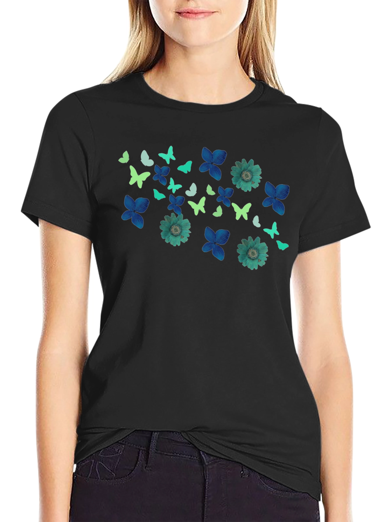 Butterfly & Floral Print Black T-Shirt