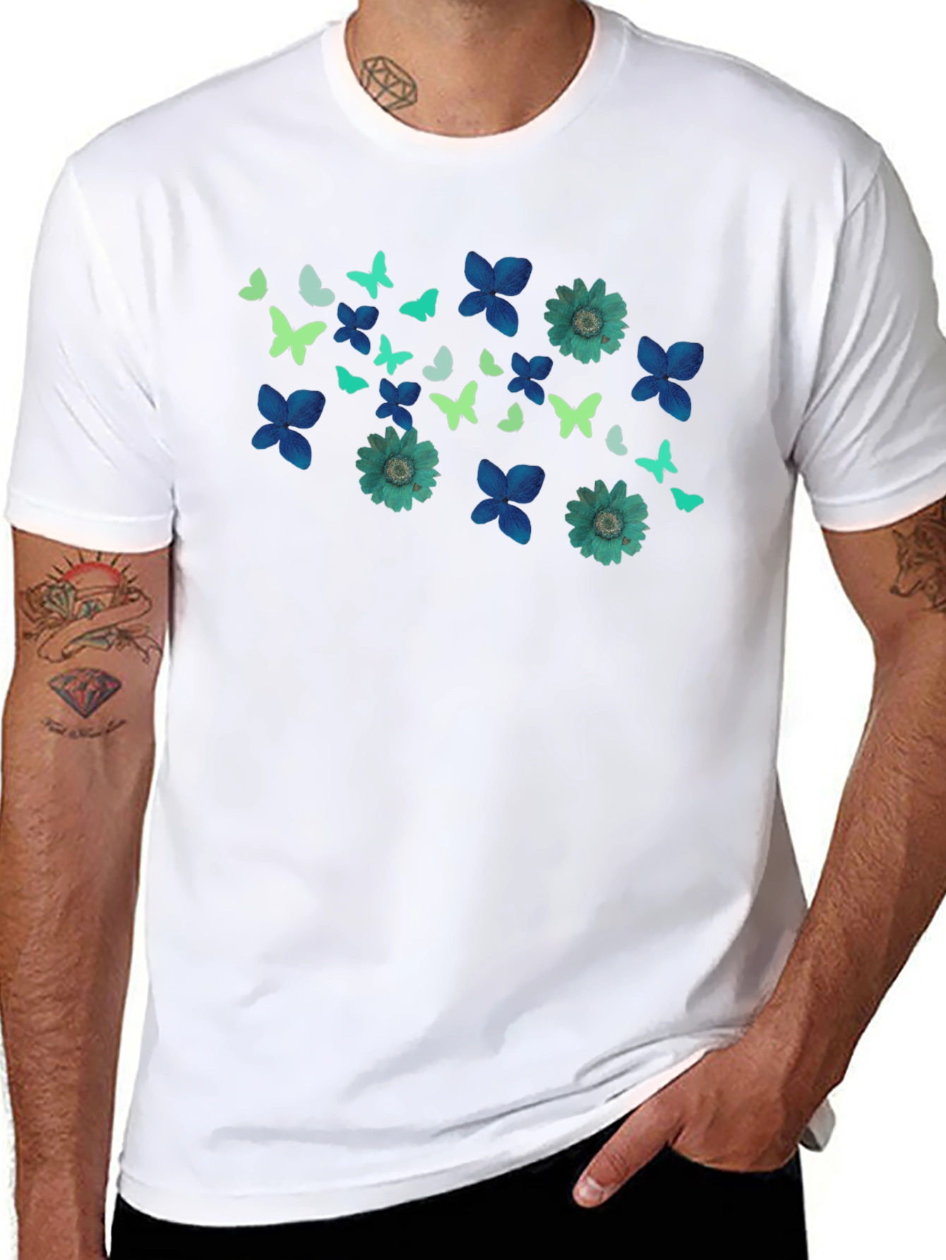 Butterfly & Floral Print Black T-Shirt