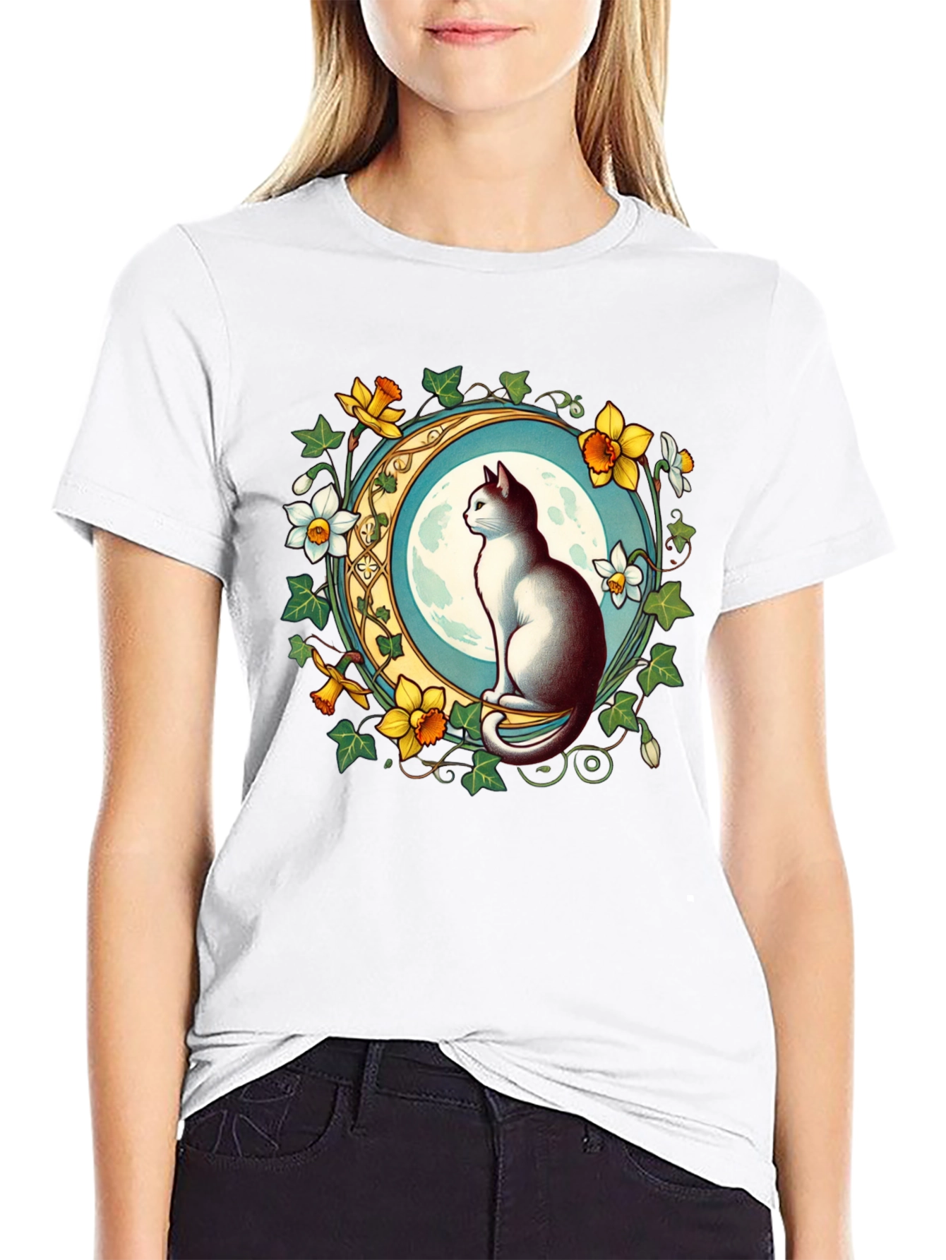 Cat and Moon Graphic T-Shirt