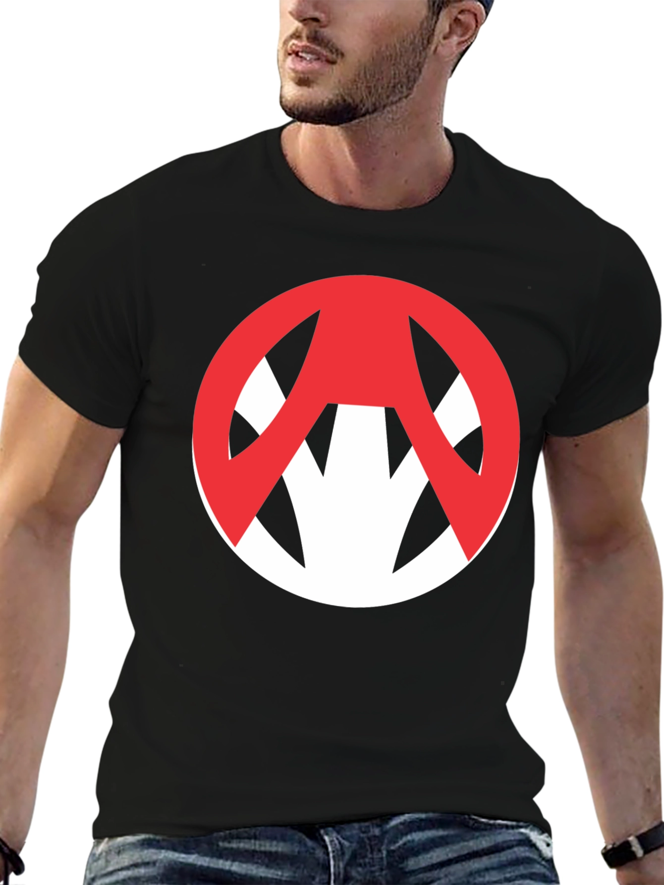 Edgy Graphic Tee: Red Symbol on Black Cotton T-Shirt