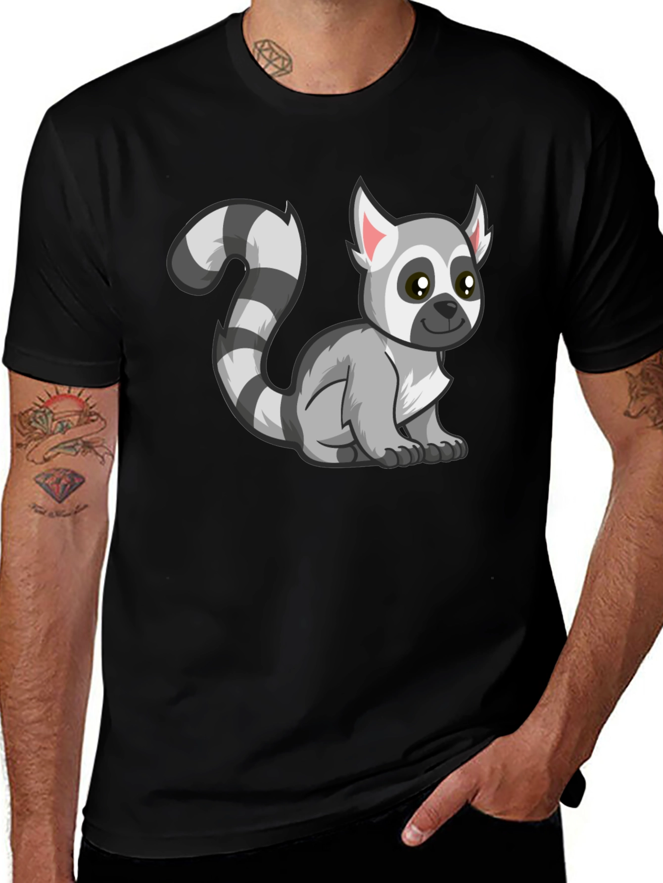 Cute Lemur Cartoon Graphic Tee Black