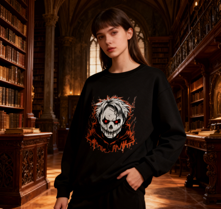 Horror-Themed Skull Graphic Crewneck with Dripping Effects
