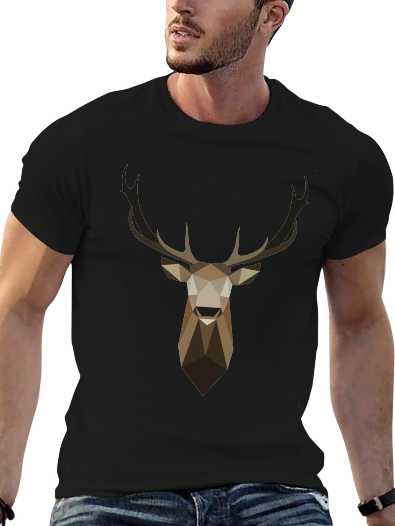 Geometric Deer Head Graphic T-Shirt - Black