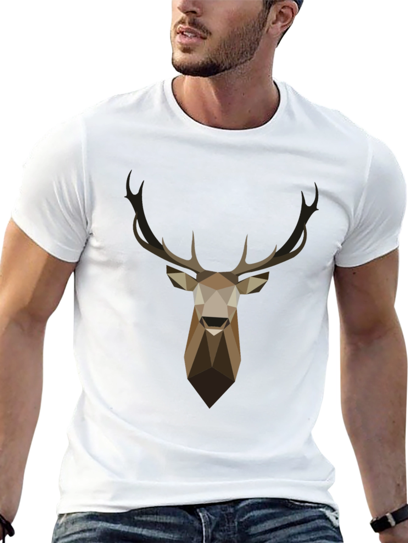 Geometric Deer Head Graphic T-Shirt - Black