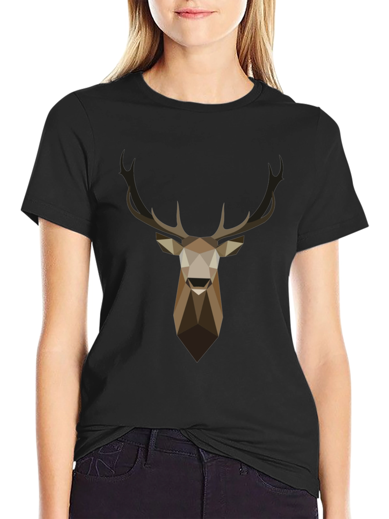 Geometric Deer Head Graphic T-Shirt - Black