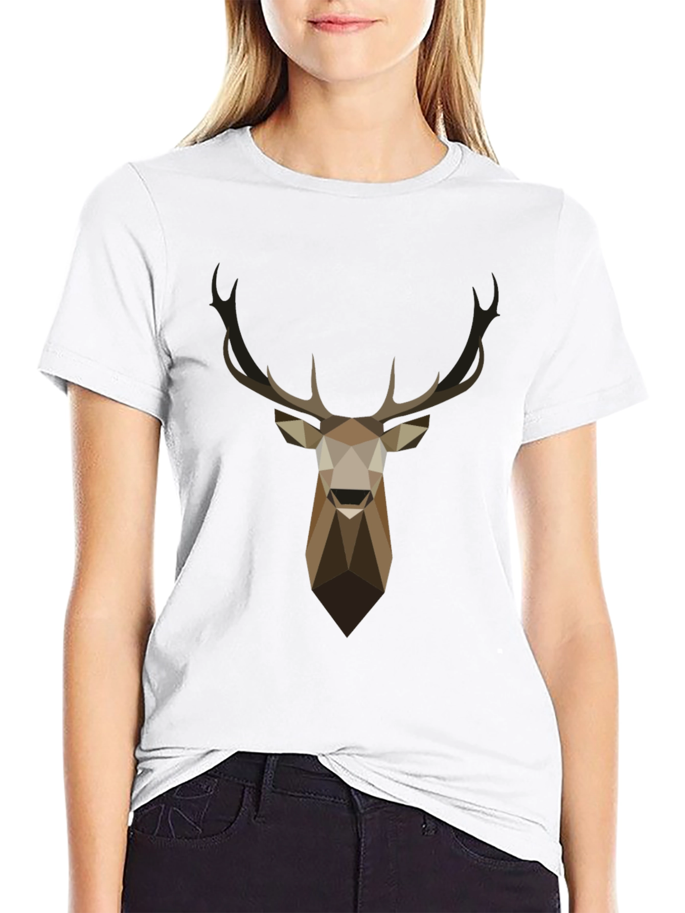 Geometric Deer Head Graphic T-Shirt - Black