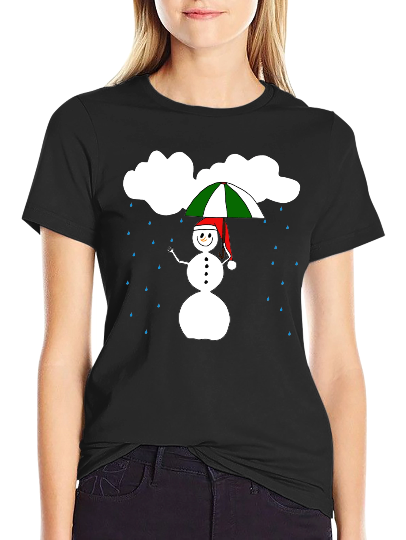 Rainy Day Snowman Graphic Tee - Black Cotton