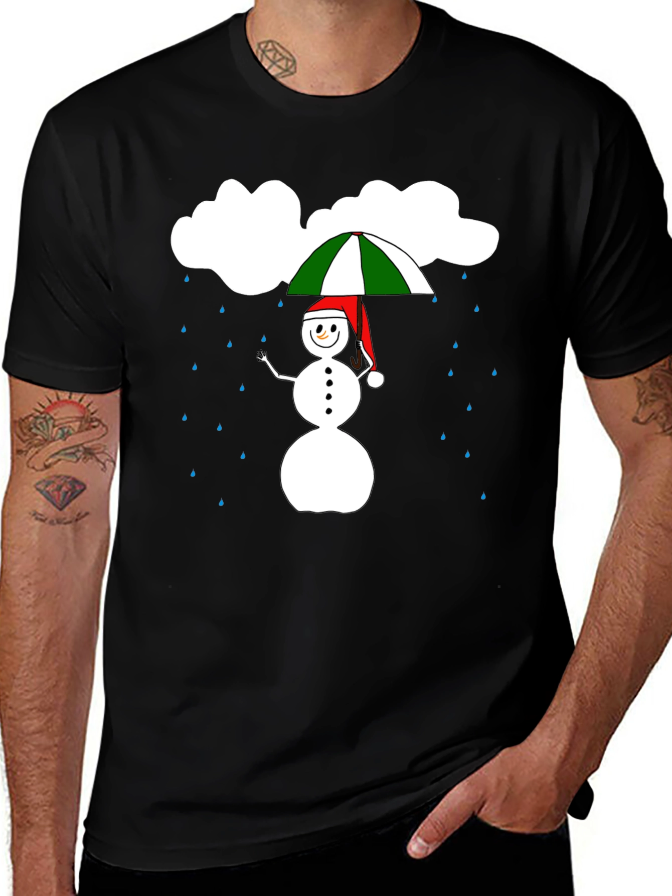 Rainy Day Snowman Graphic Tee - Black Cotton