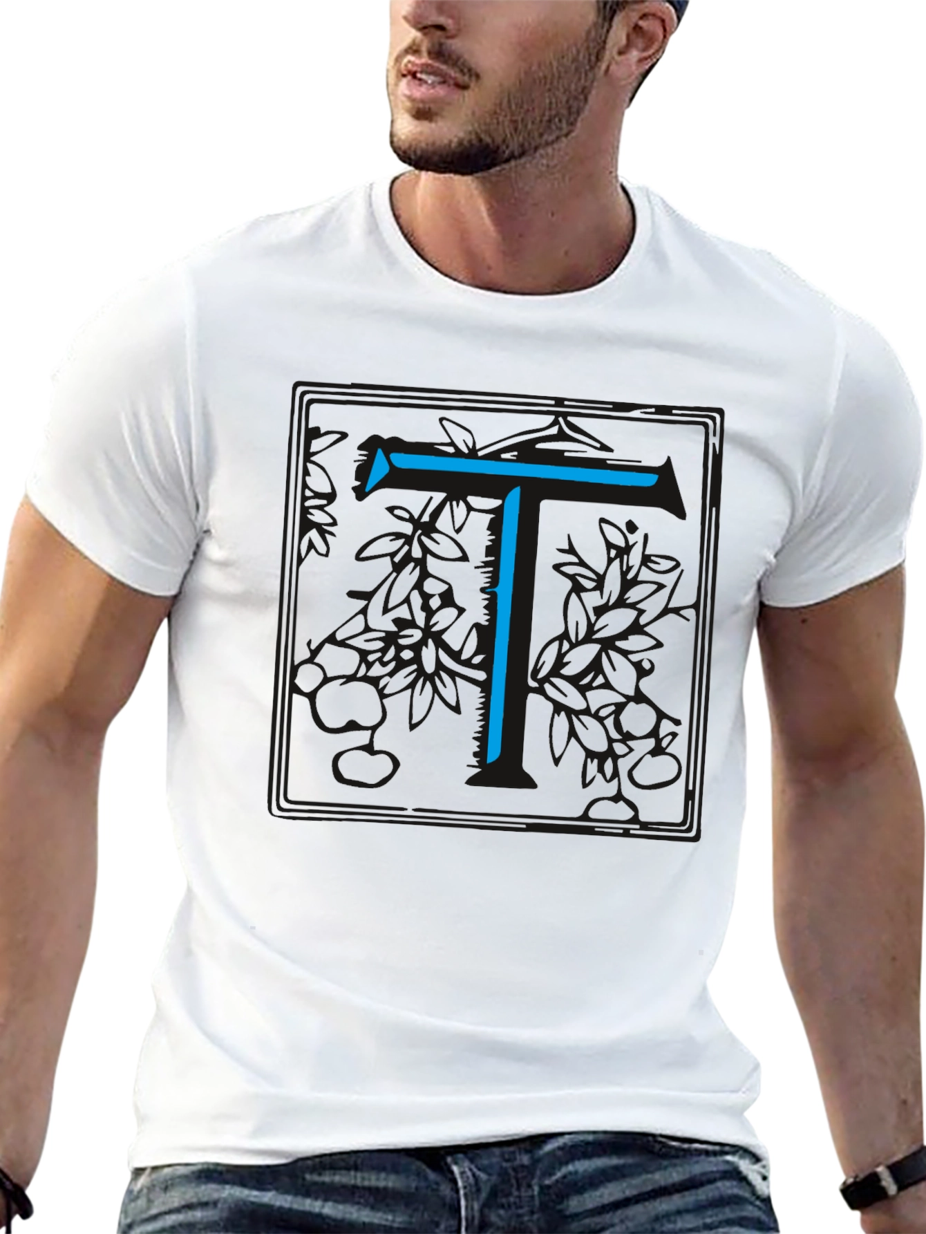 Modern Blue Initial T Graphic Black T-Shirt