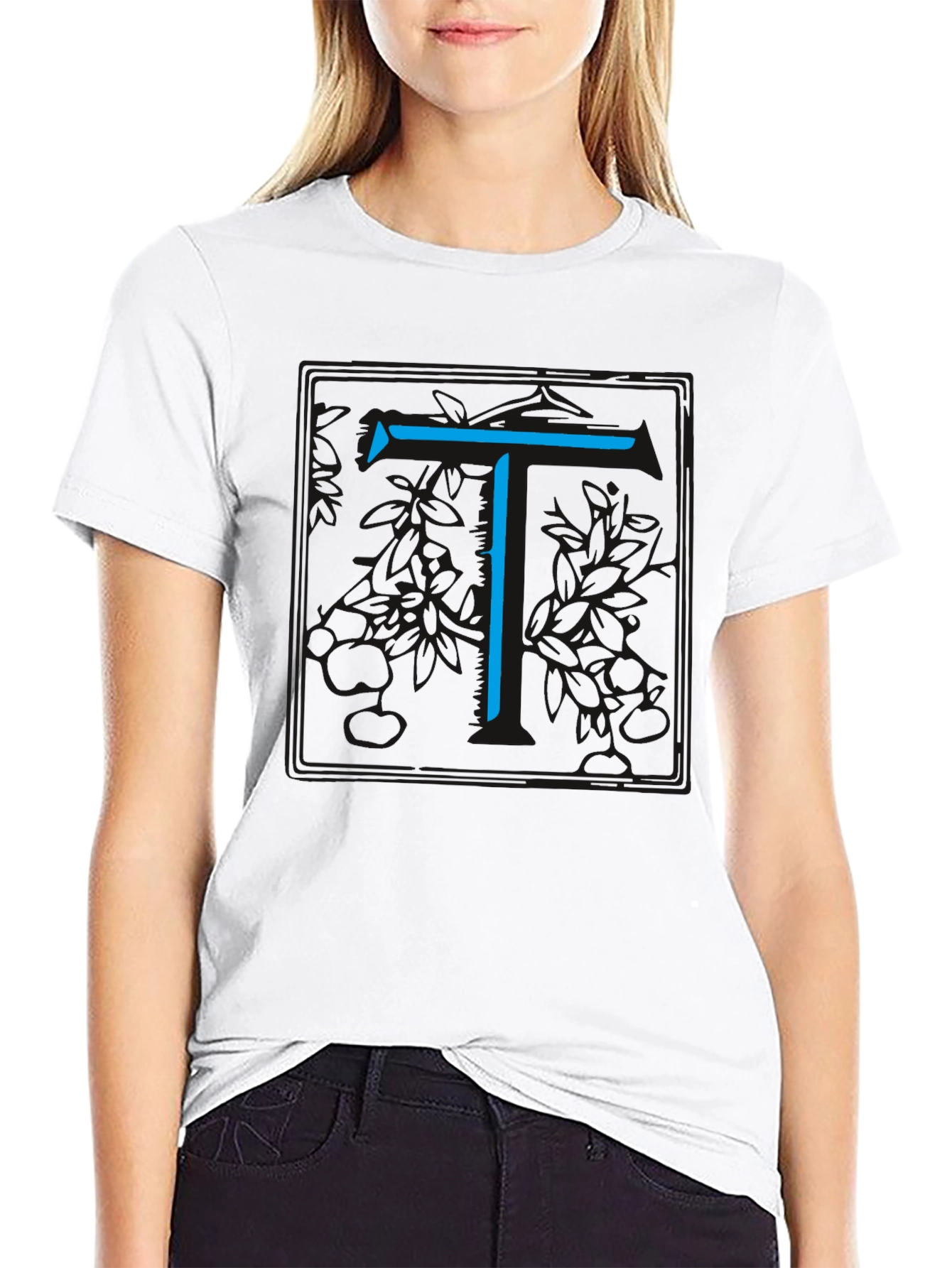 Modern Blue Initial T Graphic Black T-Shirt