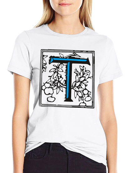Modern Blue Initial T Graphic Black T-Shirt