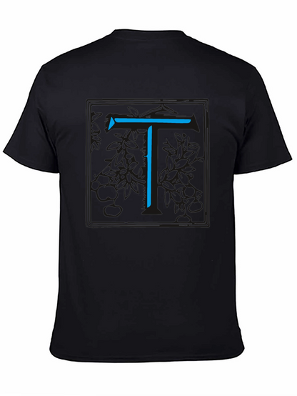 Modern Blue Initial T Graphic Black T-Shirt
