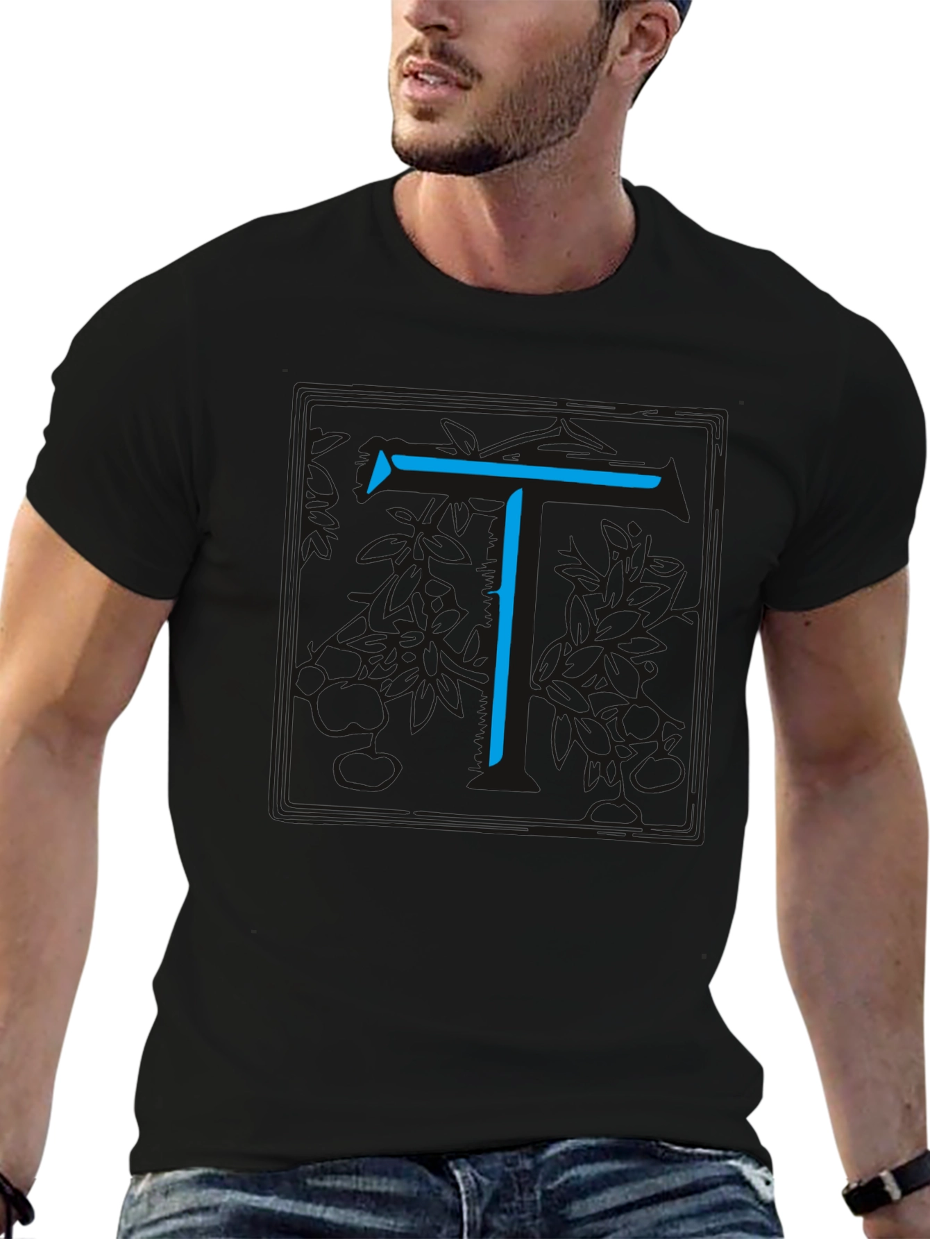 Modern Blue Initial T Graphic Black T-Shirt