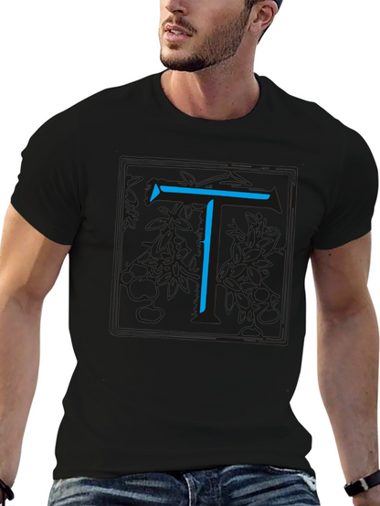 Modern Blue Initial T Graphic Black T-Shirt