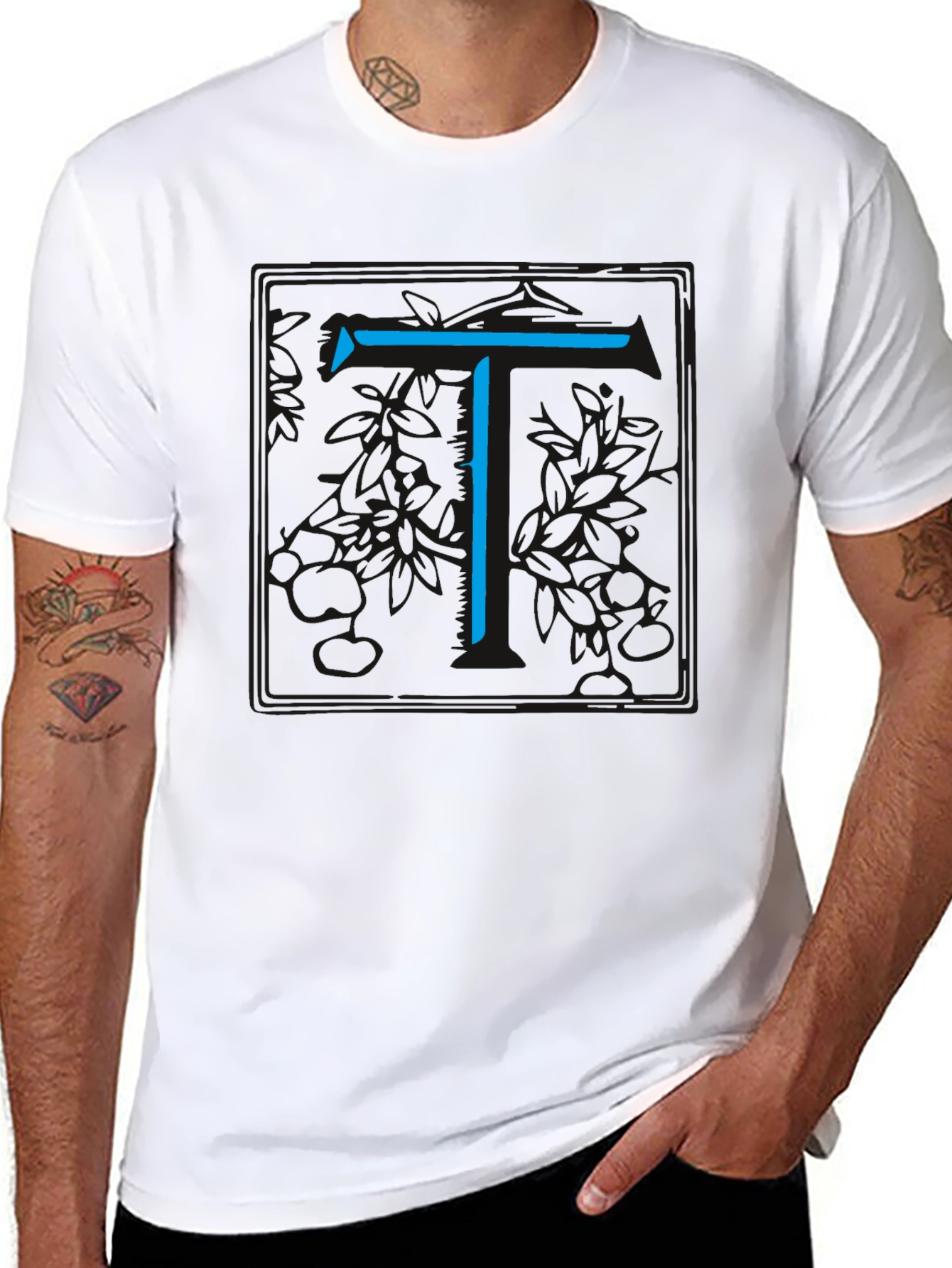 Modern Blue Initial T Graphic Black T-Shirt
