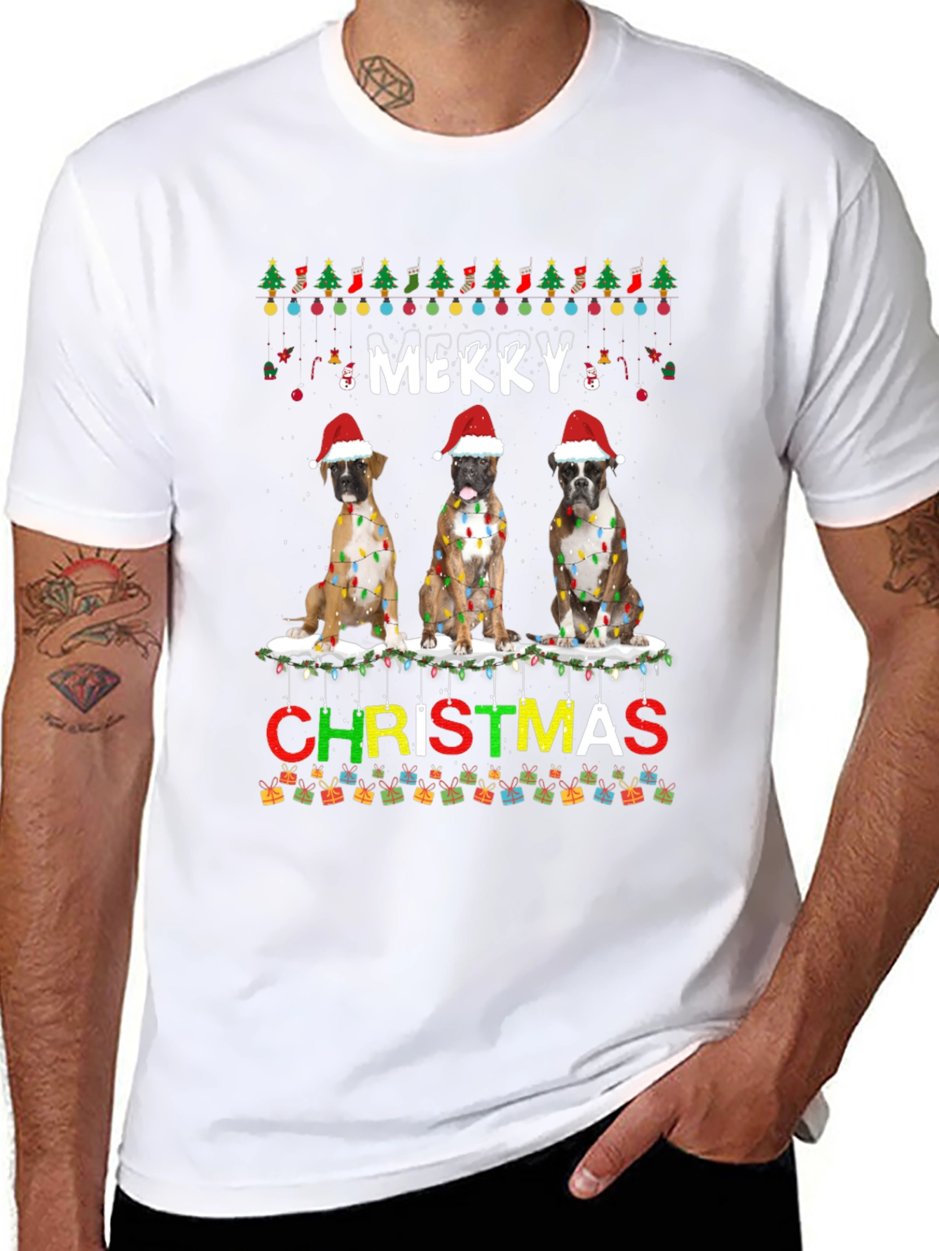 Merry Christmas Boxer Dog T-Shirt Festive Holiday Tee