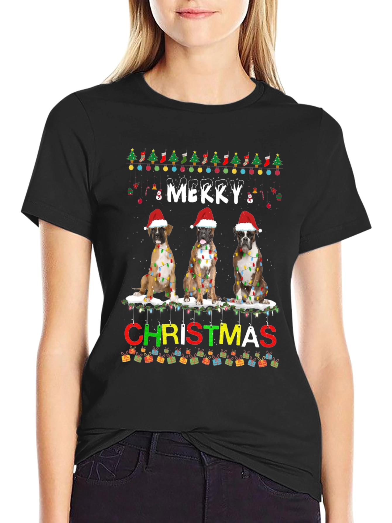 Merry Christmas Boxer Dog T-Shirt Festive Holiday Tee