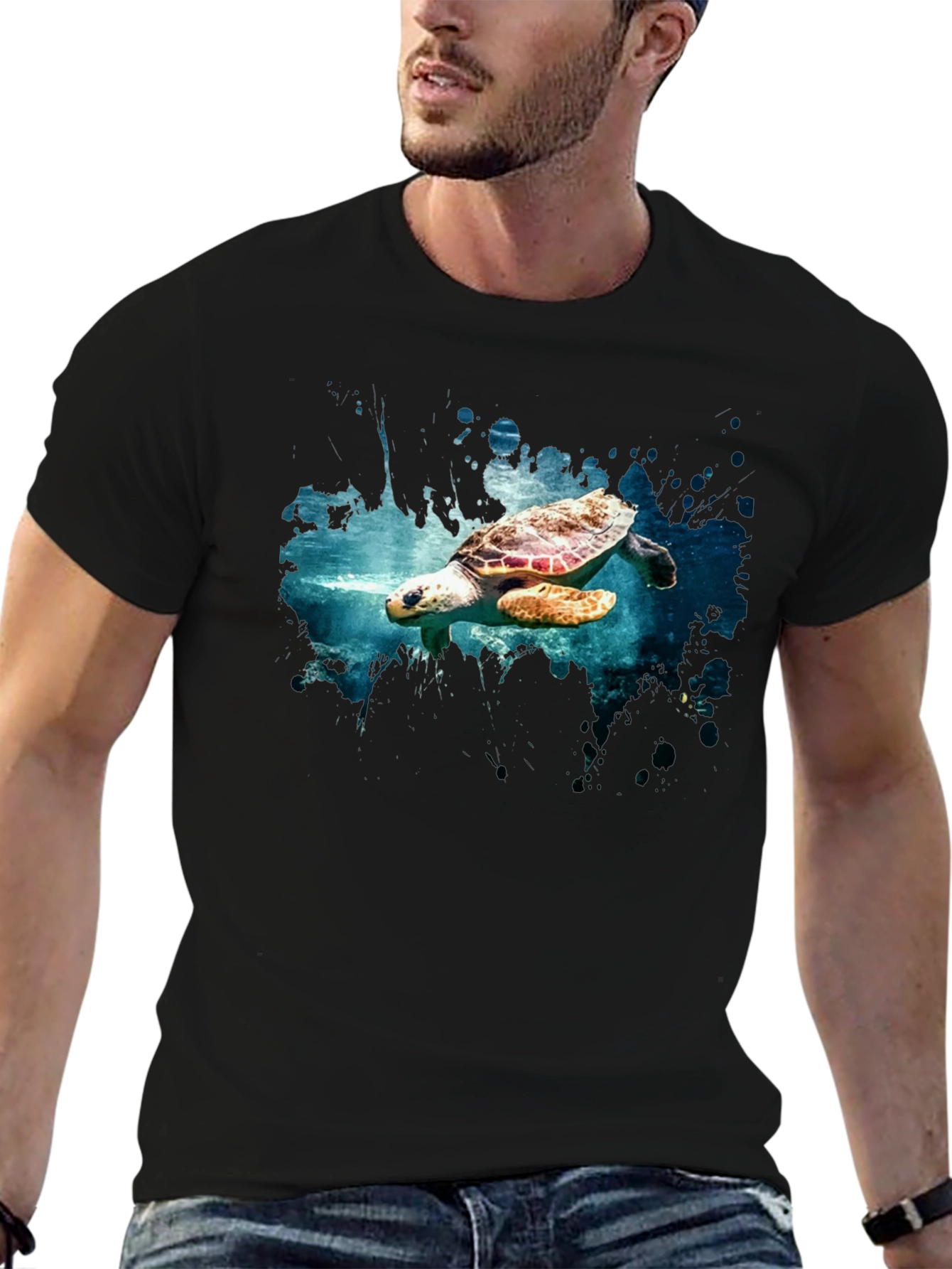 Sea Turtle Graphic Print Black T-Shirt