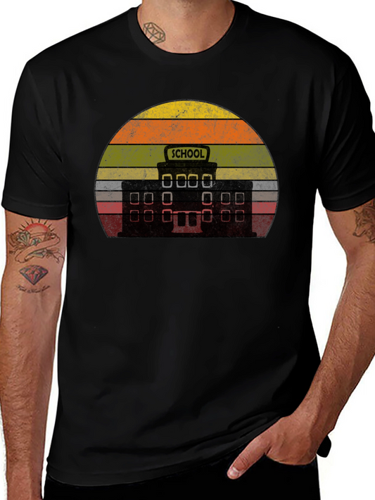 Vintage School Building Sunset Graphic Tee - Retro Style