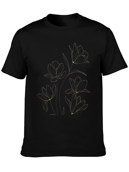 Elegant Floral Line Art Black T-Shirt