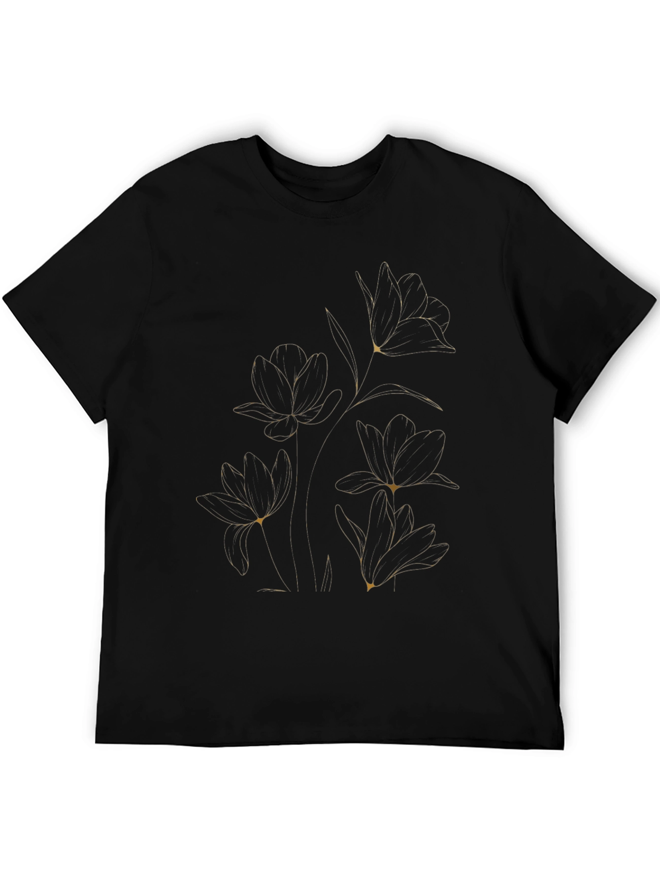 Elegant Floral Line Art Black T-Shirt