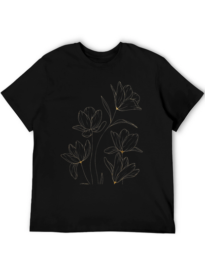 Elegant Floral Line Art Black T-Shirt