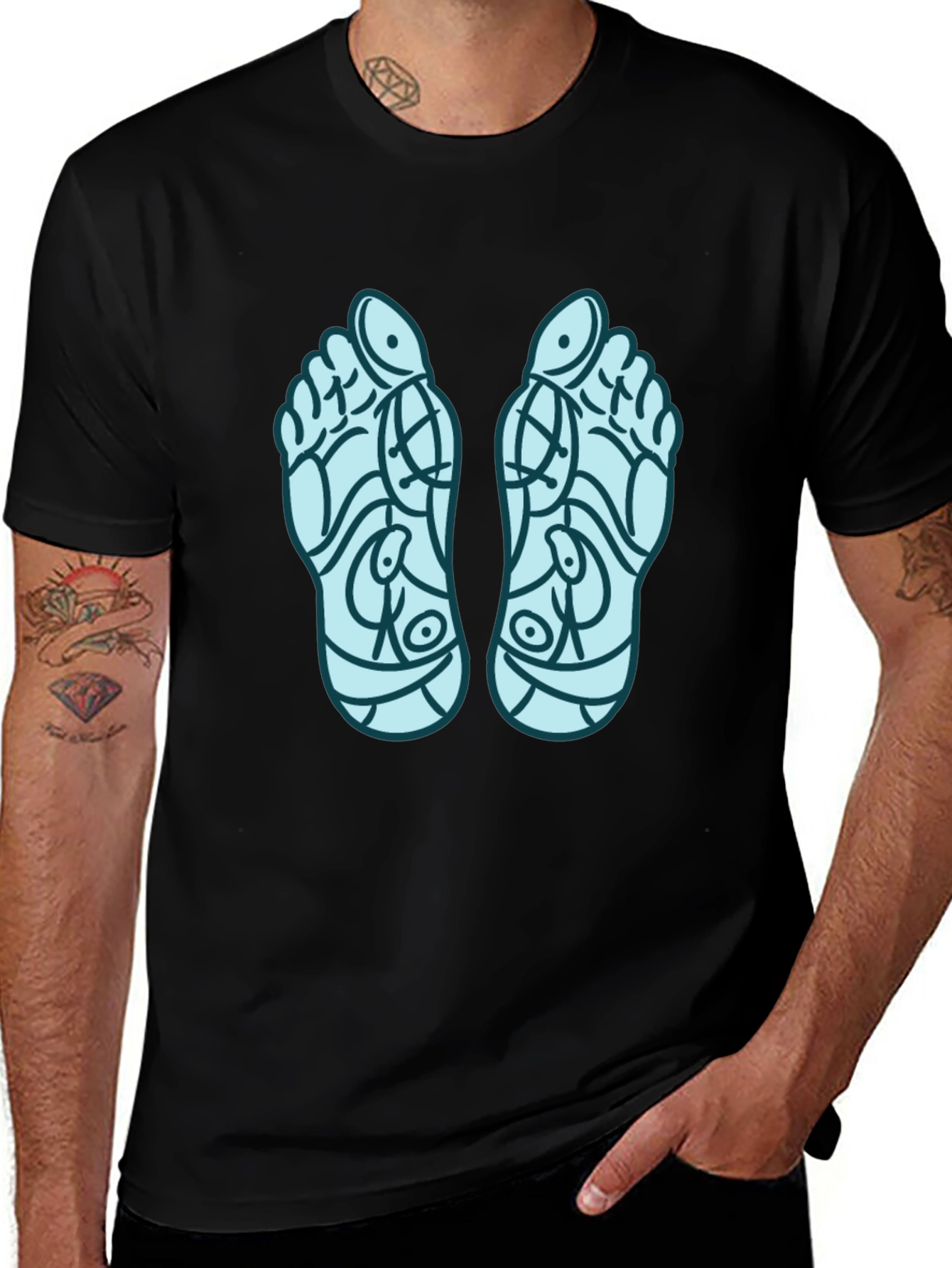 Reflexology Feet Print Black T-Shirt
