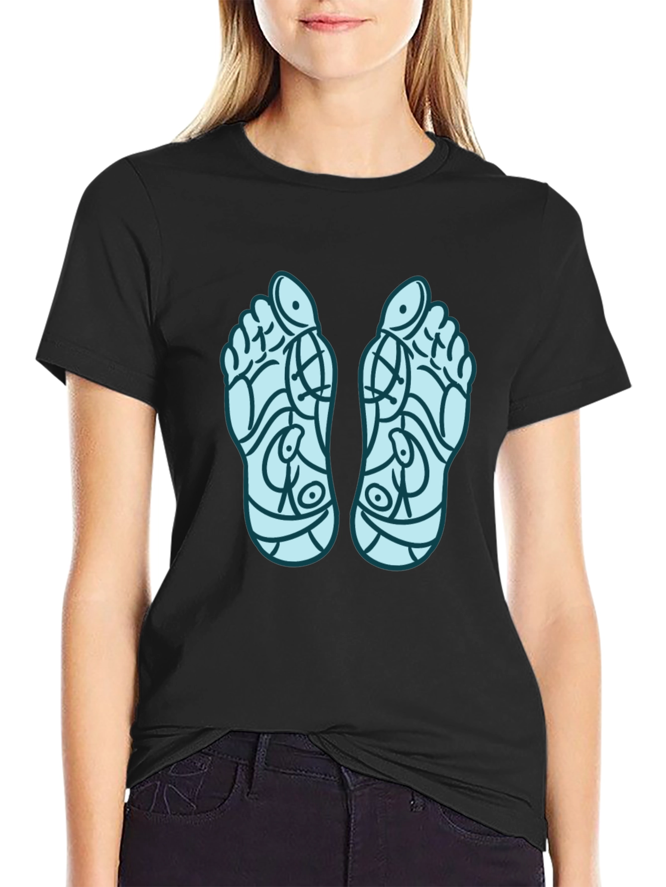 Reflexology Feet Print Black T-Shirt